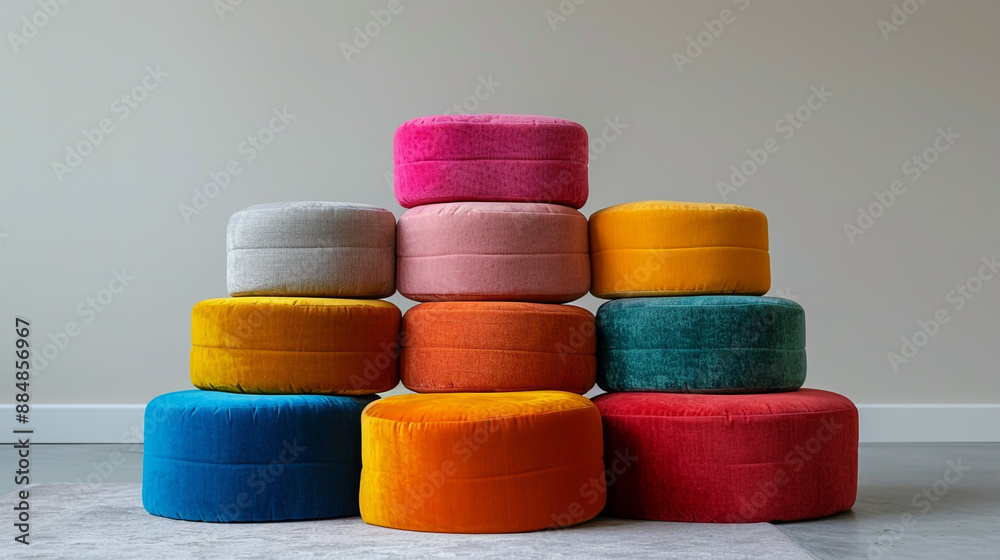 A DIY podium made from stacking colorful cushions, providing a playful and soft surface, isolated on a light grey background, with open space for text on the right. A DIY podium made from stacking colorful cushions, providing a playful and soft surface, isolated on a light grey background, with open space for text on the right.