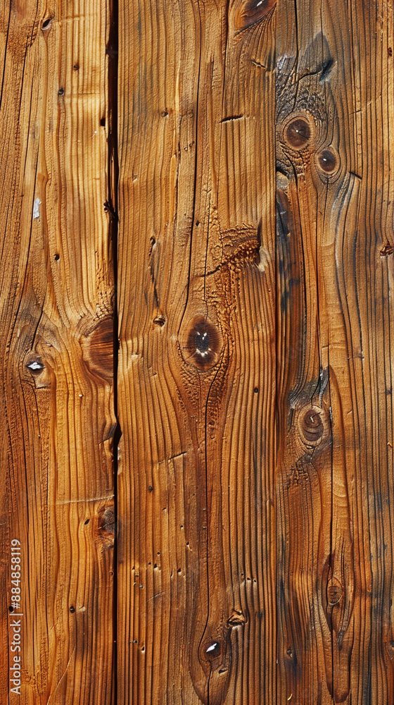 Naklejka premium A detailed shot of knotty pine wood, showcasing the large knots and rich yellowish-brown tones.