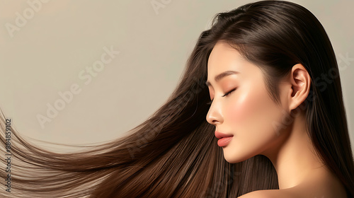 Elegant Asian Woman in Side Profile with Long Smooth Hair photo