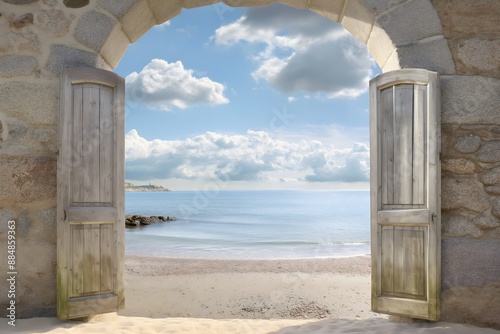 Backdrop of an open wooden door to the beach, stone wall arch, ocean, sunny day, sky blue and white. Photography resource.