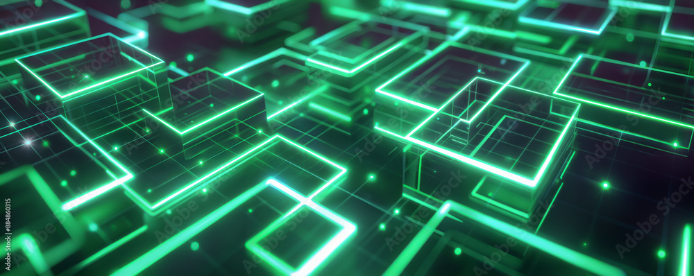 Green glowing digital maze with interconnected pathways. Futuristic technology background with copy space. Green glowing digital maze with interconnected pathways. Futuristic technology background with copy space.