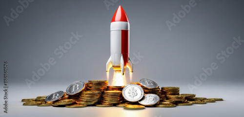 Rocket Launching from Coin Pile Signifying Rapid Income Growth and Profitable Financial Investments in Cryptocurrency Market with Bright Future Prospects