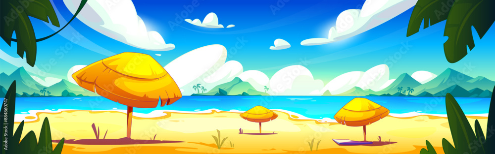 Tropical lagoon beach with straw umbrella on summer sunny day. Cartoon vector illustration of sea or ocean sand shore with blue water and palm trees, mountains on horizon. Exotic coast landscape. Tropical lagoon beach with straw umbrella on summer sunny day. Cartoon vector illustration of sea or ocean sand shore with blue water and palm trees, mountains on horizon. Exotic coast landscape.