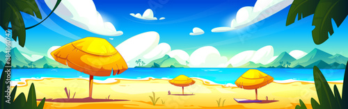 Tropical lagoon beach with straw umbrella on summer sunny day. Cartoon vector illustration of sea or ocean sand shore with blue water and palm trees, mountains on horizon. Exotic coast landscape.