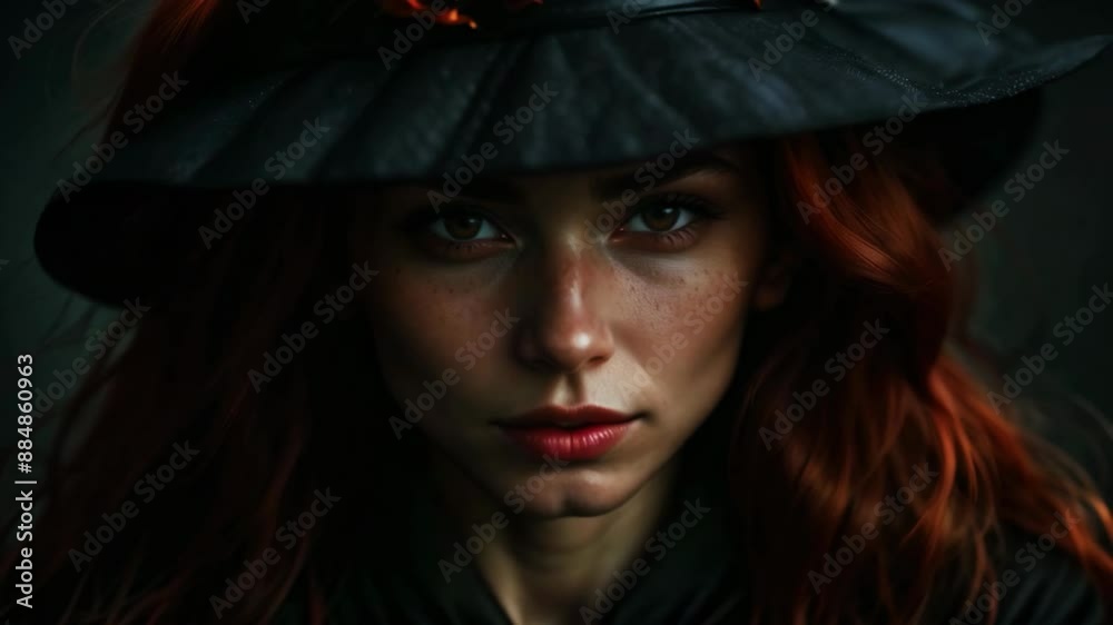 Portrait of cute redhead woman transforming into evil old witch in black witch hat looking at camera. Change horror, halloween concept Portrait of cute redhead woman transforming into evil old witch in black witch hat looking at camera. Change horror, halloween concept