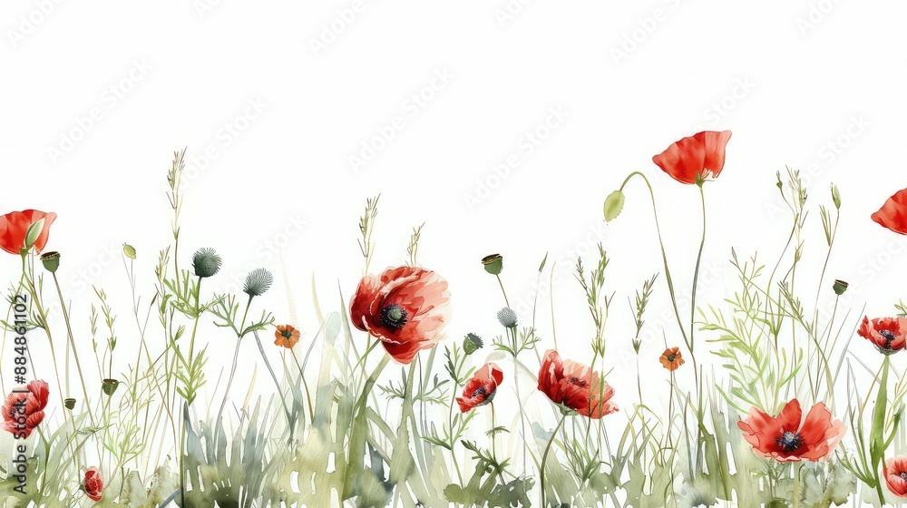 Obraz premium Watercolor tall grass and red poppys on a white background