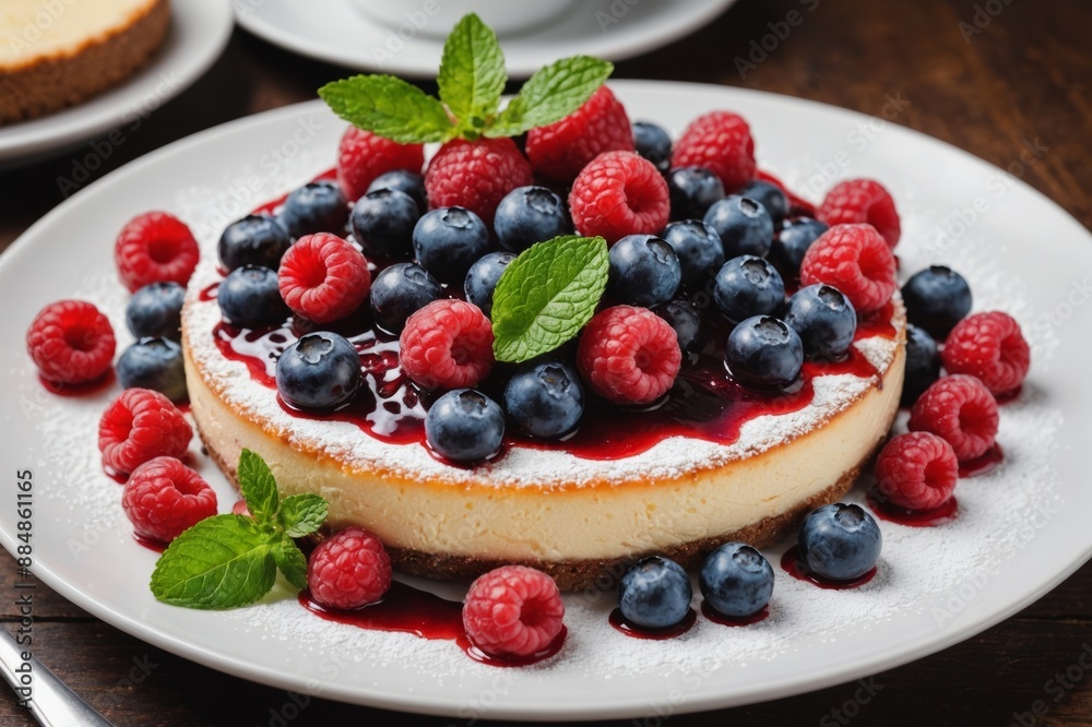 Tasty cheesecake with red jam, ripe raspberries, blueberries, fresh mint leaves and powdered sugar in ceramic white plate in restaurant Tasty cheesecake with red jam, ripe raspberries, blueberries, fresh mint leaves and powdered sugar in ceramic white plate in restaurant