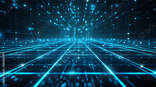 Realms abstraction. Dark blue neon grid background. Blue glowing lines. Futuristic digital background with lights.