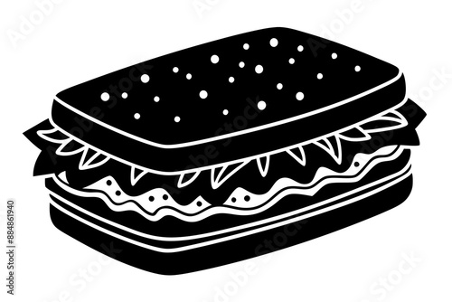 Sandwich, silhouette black linocut vector art illustration