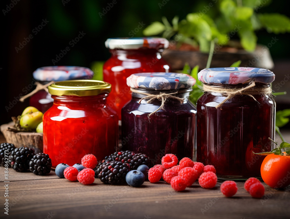 Glass jars with different kinds of jam and berries Glass jars with different kinds of jam and berries