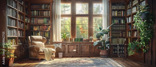 old library with cozy armchair and book shelves with books arranged orderly in room with potted plants by window 