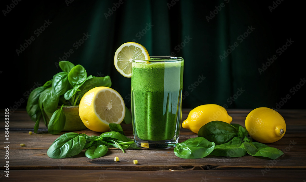 Glass of Green Smoothie with Spinach and Lemon