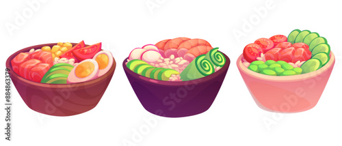 Poke bowl with rice and shrimps, salmon or tuna fish, avocado and cucumber, tomato and corn. Cartoon vector illustration set of traditional oriental meal with seafood and vegetables. Asian dish.