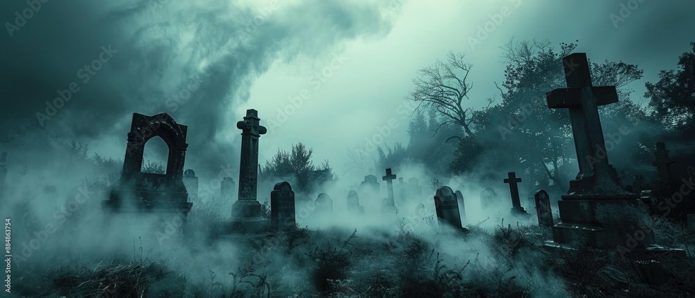 Eerie mist swirls around tombstones in a haunted graveyard, creating a spooky and mysterious atmosphere Eerie mist swirls around tombstones in a haunted graveyard, creating a spooky and mysterious atmosphere