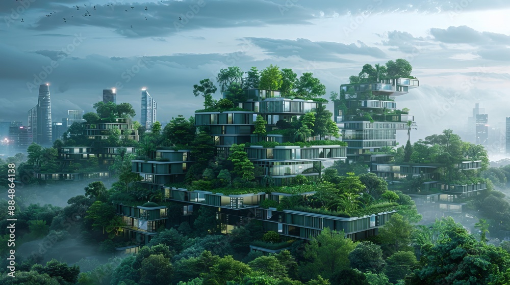 Obraz premium Modern design of a futuristic landscape with energy-efficient solutions, holographic features, green infrastructure, advanced tech