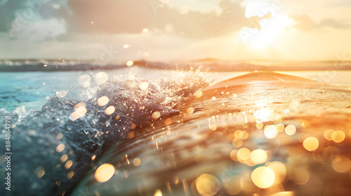The ocean is calm and the sun is setting. The water is splashing and the sky is filled with light