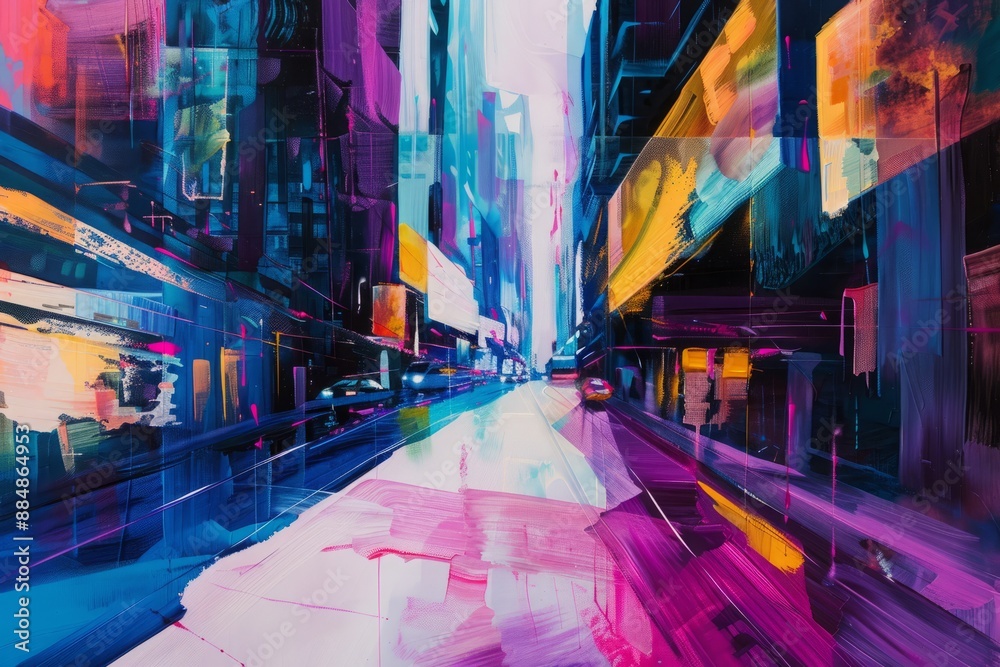 Obraz premium Abstract cityscape painting with bold, neon colorful shapes and a dynamic composition.