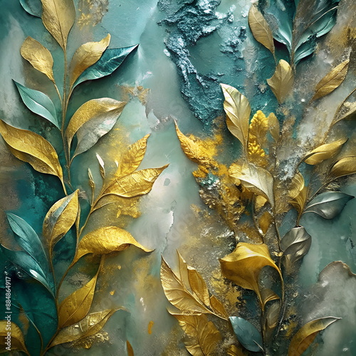 Floral background watercolor style 3D illustration. Modern abstract art gold green colors. wallpaper.Floral card. Poster. 