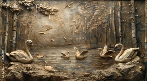 Fototapeta Naklejka Na Ścianę i Meble -  Swans in a Tranquil Forest Lake
