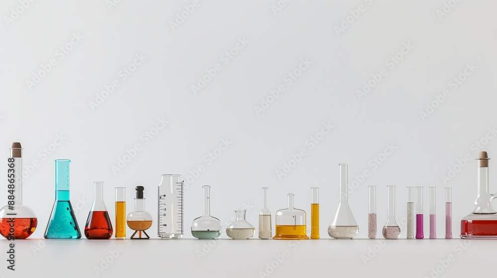 A horizontal border featuring an assortment of science lab equipment, each item displaying different shapes and sizes. The equipment is arranged in a straight row and includes A horizontal border featuring an assortment of science lab equipment, each item displaying different shapes and sizes. The equipment is arranged in a straight row and includes