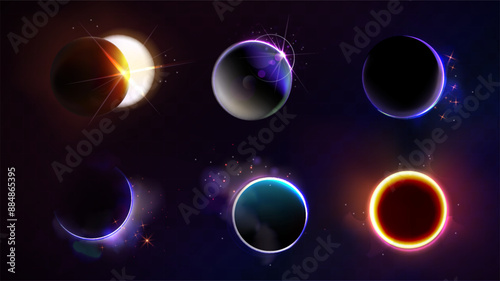 Total and partial solar eclipse with different neon glow colors on dark night sky background. Realistic vector illustration set of abstract cosmos sun corona with circle and crescent bright shine.