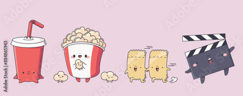 Cute cinema cartoon characters with kawaii style faces. Comic vector illustration set of happy funny movie mascot - paper cup with soda, bucket with popcorn, two ticket friends and film clapper.