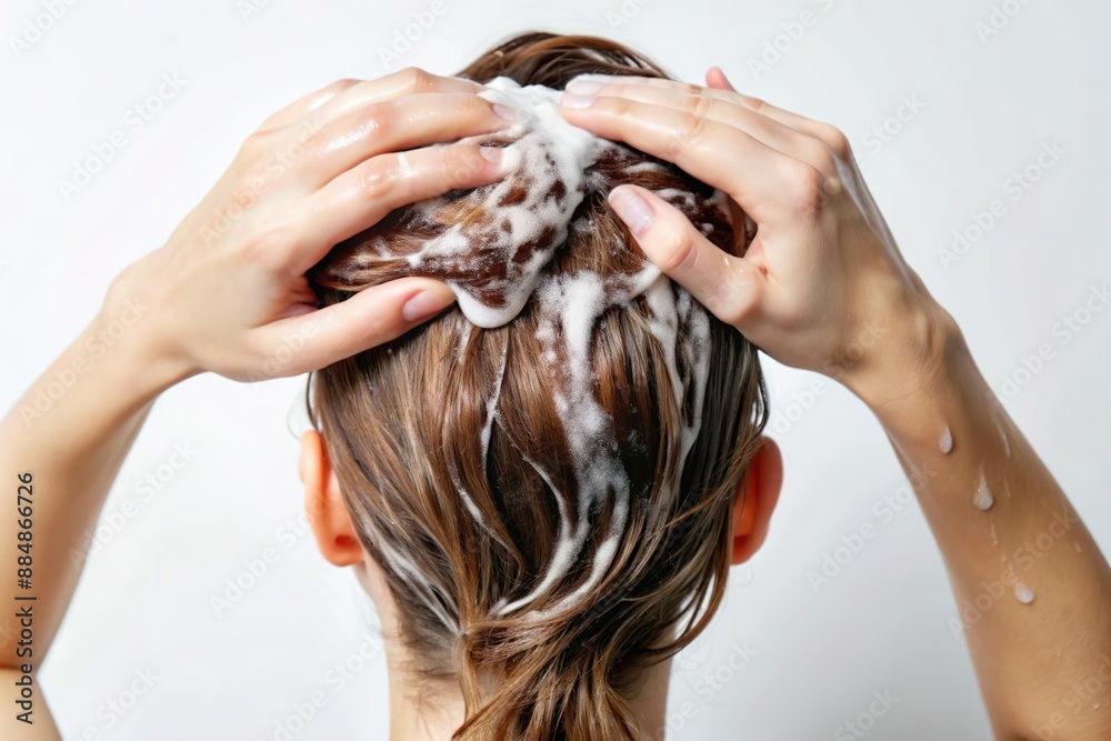Naklejka premium woman wash hair with foamy soap water