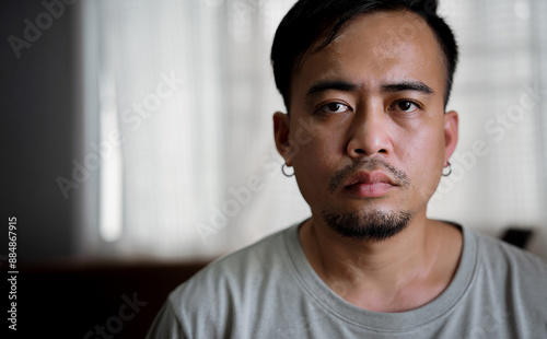 With a goatee and an earring, an adult man poses for a portrait in a studio space. 