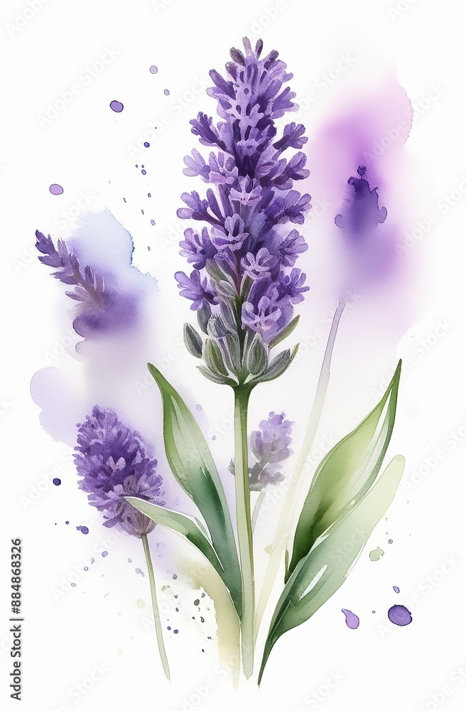 Fototapeta premium Lavender watercolor background. Delicate flower bouquet on a white background. Spring-summer banner template