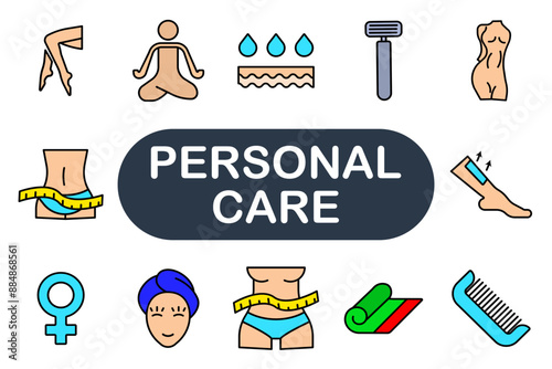 Personal care set icon. Shaving, yoga, hydration, measuring tape, female, comb, legs, body, wellness, fitness, grooming, beauty, hygiene, skincare, relaxation, health, spa.