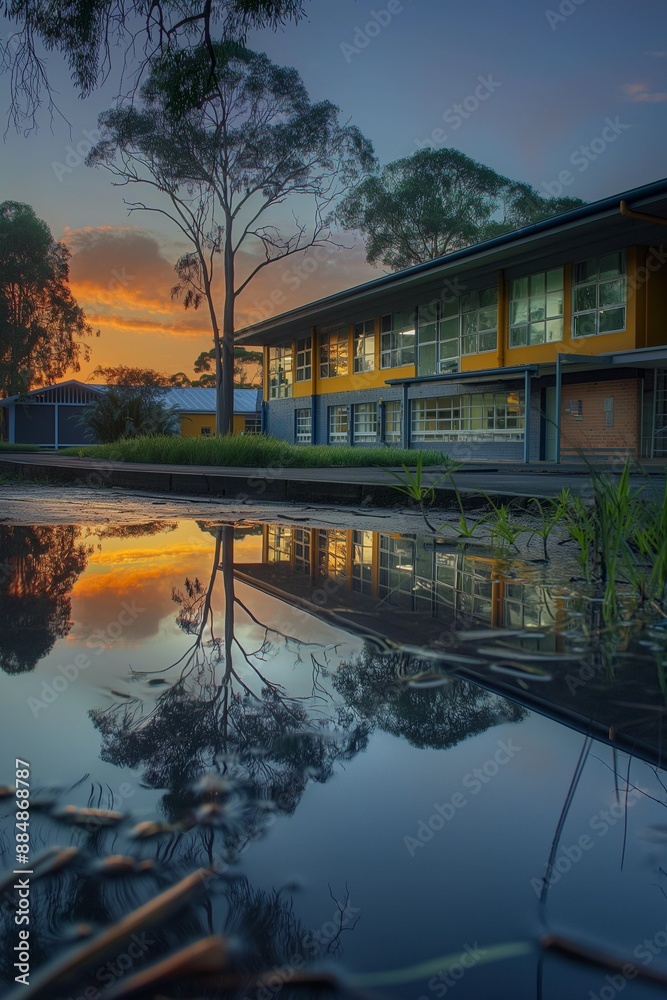Building reflected in water during sunset, creating a picturesque scene with vibrant colors. Building reflected in water during sunset, creating a picturesque scene with vibrant colors.