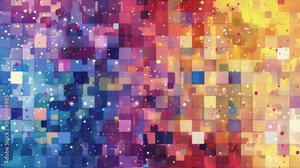 Vibrant and colorful mosaic of square tiles with a hint of white dots. Abstract geometric background. Vibrant and colorful mosaic of square tiles with a hint of white dots. Abstract geometric background.