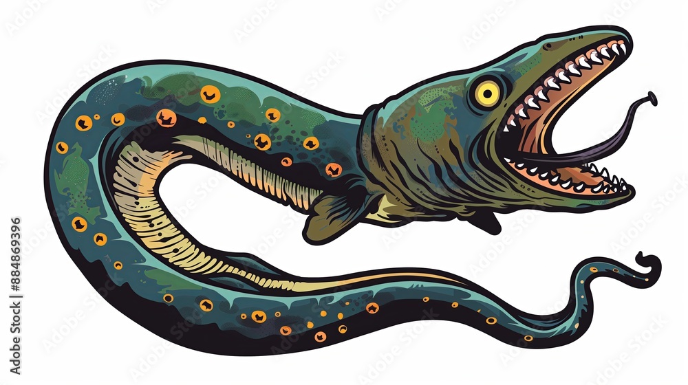 A cartoon style illustration of a moray eel attacking, with exaggerated features such as large teeth and intense eyes, set against a simple white background. The playful design A cartoon style illustration of a moray eel attacking, with exaggerated features such as large teeth and intense eyes, set against a simple white background. The playful design