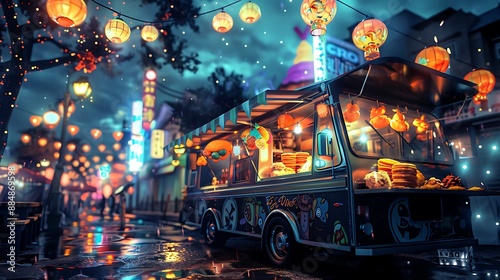 A food truck serving street food with city festival decorations in the background