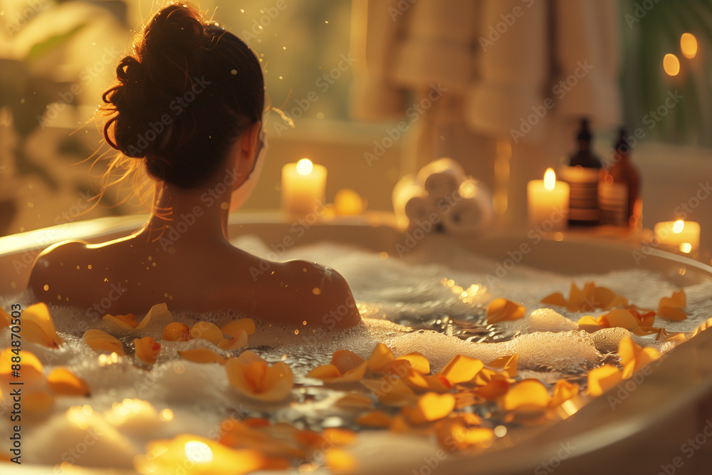 A cozy bathroom setting with a luxurious, steaming bathtub filled with bubbles and flower petals. Candles are lit around the tub, and a person is seen relaxing with a face mask on, enjoying a moment o A cozy bathroom setting with a luxurious, steaming bathtub filled with bubbles and flower petals. Candles are lit around the tub, and a person is seen relaxing with a face mask on, enjoying a moment o