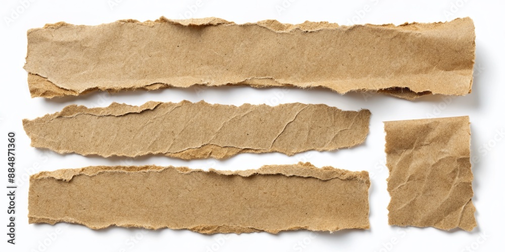 Brown paper craft stick fragments, torn and ripped, scatter on a white background, showcasing eco-friendly creativity, with a clean isolated clipping path for design flexibility. Brown paper craft stick fragments, torn and ripped, scatter on a white background, showcasing eco-friendly creativity, with a clean isolated clipping path for design flexibility.