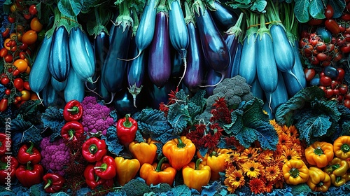   A colorful arrangement of vegetables on a blue-red leaf bed with layered veggies on top