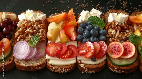   A zoomed-in picture of multiple sandwiches featuring fruit and veggies on each slice of bread