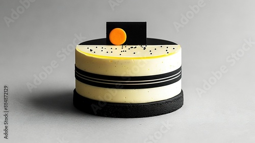   A close-up of an orange-decorated cake on a white and black table