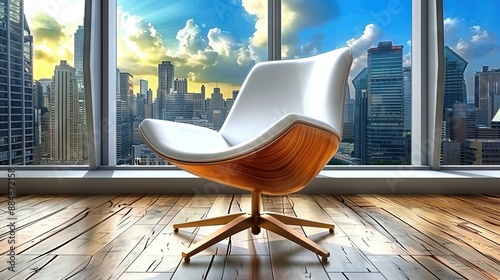  A white chair rests atop a wooden floor, facing a window with a cityscape view