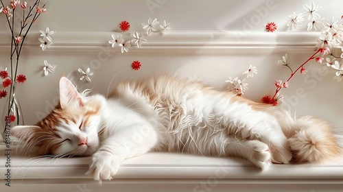  An orange and white cat lies on a window sill alongside a vase adorned with red and white flowers