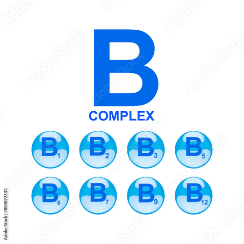 Vitamin B complex droplet, chemical formula from nature. Minerals water. Beauty treatment nutrition skincare design. With copy space for text.  Health care concept. Medical. Vector illustration 
