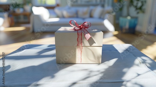  A white present box adorned with a red ribbon sits atop a white-couch-and-tablecloth-adorned room