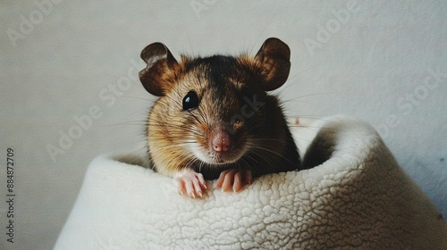   A close-up of a rodent on a blanket with a curious expression on its face as it gazes at the camera