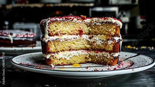   A close-up of a single slice of cake on a plate against a backdrop of another slice of cake on a separate plate