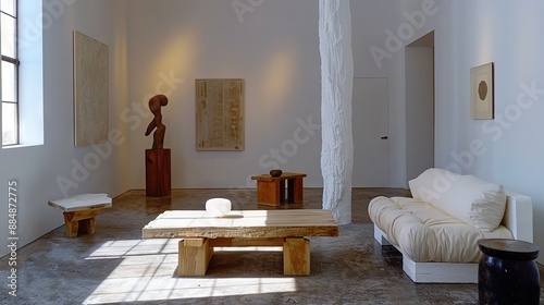   A spacious living room boasts a sleek white couch and an elegant wooden coffee table, with a captivating view of the outdoors through large windows An exquisite sculpture