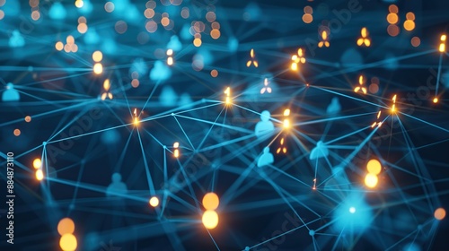illustration connecting people on the internet, social network connection, glowing connections between people icons on dark blue background. Digital technology.