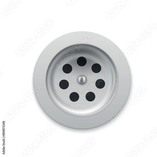 Drain hole for sink and bathtub metal drainage grate top view realistic vector illustration