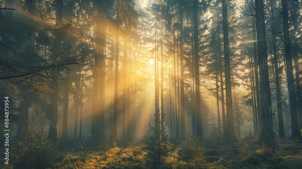 Fototapeta premium A realistic of morning light streaming through a forest at dawn. The sun rays cut through the mist, creating a dreamy atmosphere with a warm golden hue. The tall trees stand