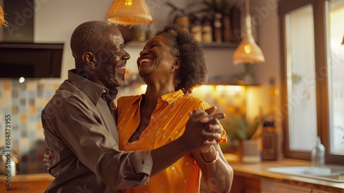 Wallpaper Mural Joyful loving African senior elegant couple hold hands dancing together in cozy kitchen feel excited, enjoy their happy marriage and eternal love, celebrate anniversary. Torontodigital.ca